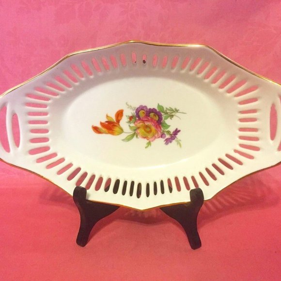 VTG! Porcelana De Cuernavaca Mexico Limoge Style Reticulated Pierced Oval Plate. - Picture 1 of 6